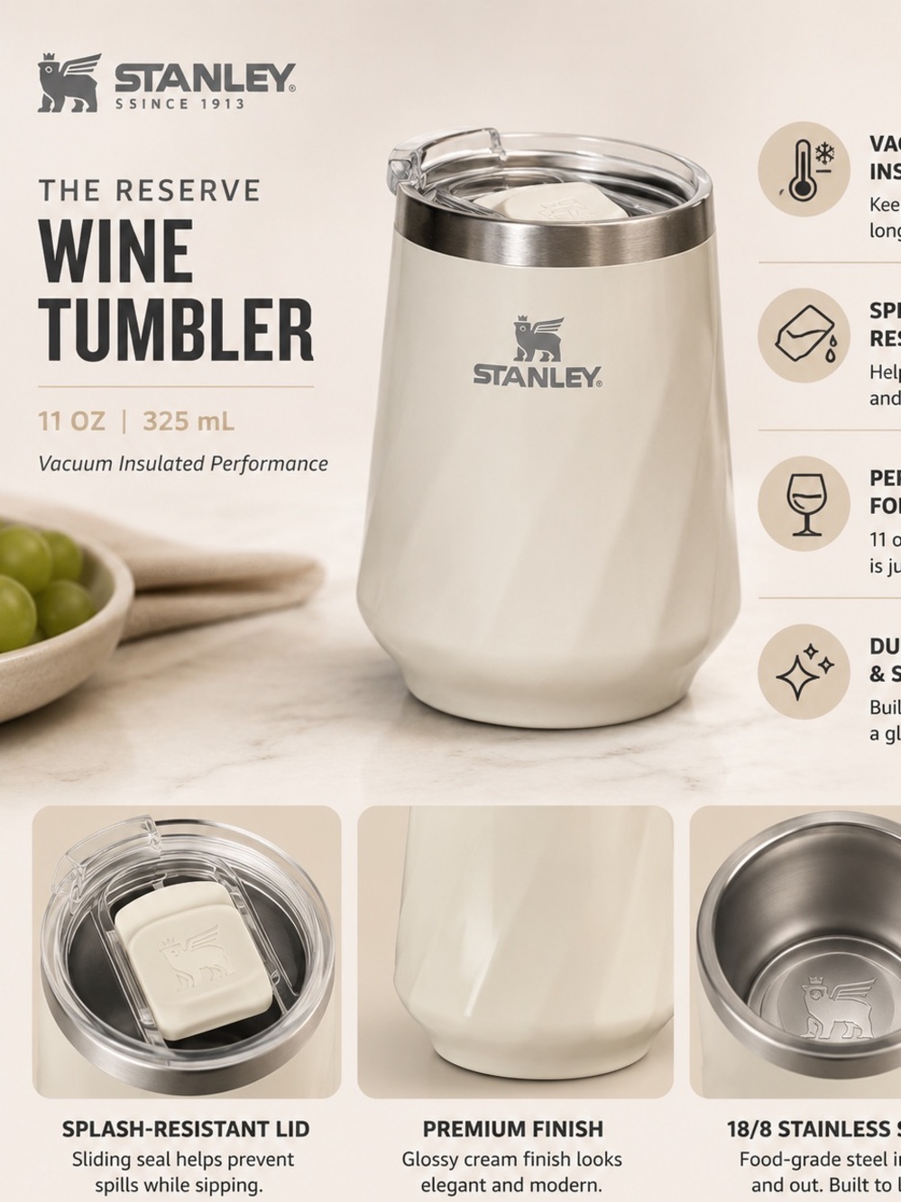 Stanley Cream Wine Tumbler with Splash-Resistant Lid - Picture 1 of 6
